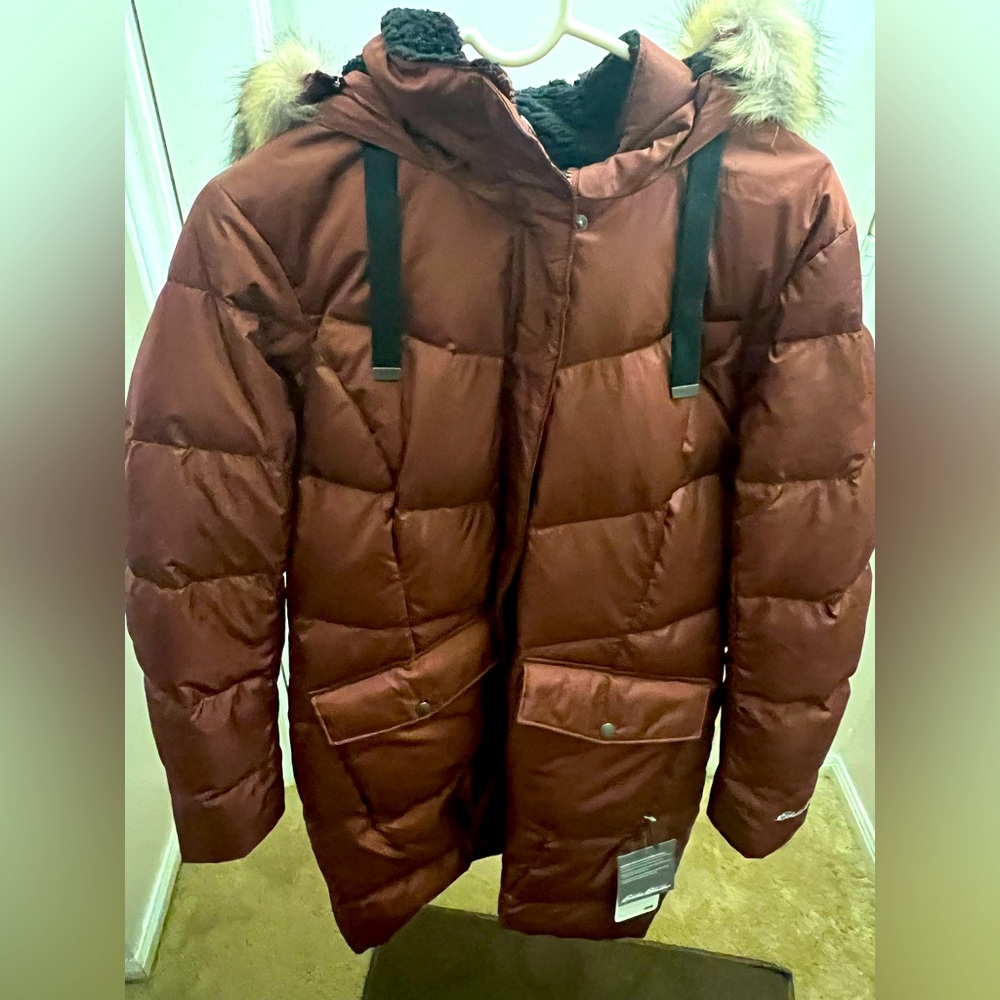 Eddie Bauer Down Puffer Coat w/ lining and faux fur hood. New with Tags